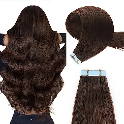 YILITE Tape Extensions Echthaar, Dunkel Braun 55cm 20 Stück/Packung 50g Tape in Extensions Echthaar Invisible Seidig Gerade Skin Weft Tape Ins Natürlich Erweiterungen (55cm #2 Dunkel Braun)