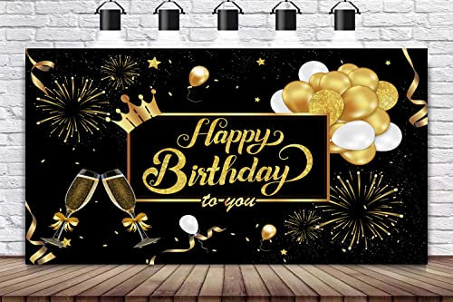 WANBY Geburtstag Banner Schwarz Gold Happy Birthday Banner Party Dekoration Extra Große Hintergrund Banner für Kinder Frauen Mädchen Ältere