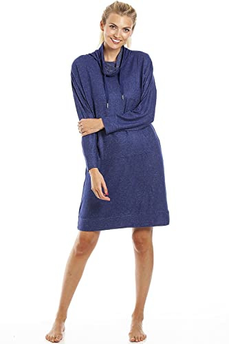 Camille Women's Super Soft Lounger - Knitted Hacci Knee Length Nightie - Cowl Neck Long Sleeved & Front Pocket