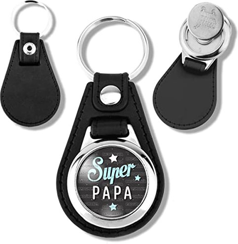 Badgmania Porte Clés Cuir Vegan Jeton de Caddie Super Papa - Fond Gris Foncé Etoiles - Idée Cadeau Fêtes des Peres Anniversaire