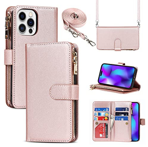 CAVOR Handykette iPhone 14 Pro Hülle Mit Band, Flip Leder Geldbörse, 9 Kartenfach, Magnetverschluss, Klapphülle Schutzhülle - Roségold