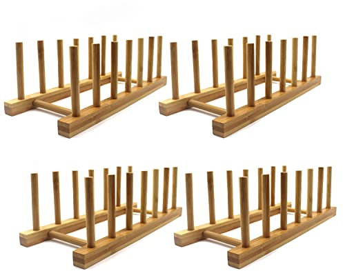 INNERNEED Soporte de madera de bambú para platos, organizador de gabinete de almacenamiento de cocina, para platos, cuencos, tazas, tapas de ollas, tablas de cortar (paquete de 4)