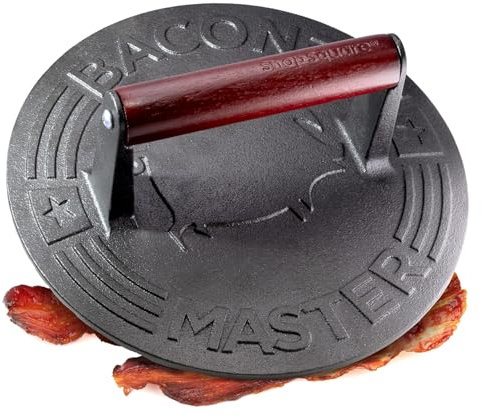 Bacon Master Cast Iron Bacon Press - 8.5-Inch Round Cast Iron Grill Press, Burger Press, Smasher for Burgers and Sandwiches, Wood Handle, 3 lbs