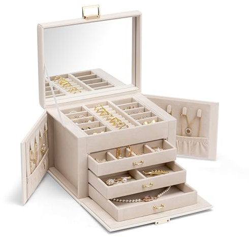 Vlando Jewelry Box for Women - Faux Leather Travel Case With Mirror for Earrings, Necklace, and Rings Storage