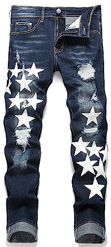 OIIIO Men's Patch Ripped Stretch Regular Fit Jean, 82306 Blue, 34