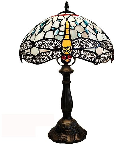 FUMAT Tiffany Tischlampe, Retro Deko Lampe Tischleuchte Nachttischlampe, Glas Lampenschirm, Mit E27 LED Glühbirne, für Schlafzimmer Wohnzimmer Büro, Libelle Muster, Blau
