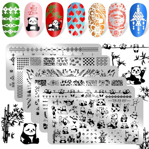 JSRQT 6 Piezas Placas de Uñas de Estampado, Plantillas de Manicura de Metal, Lindo Panda Línea Hojas de Flores Plantillas para Decoración de Uñas con Patrones Mixtos, para Mujeres y Niñas de Manicura