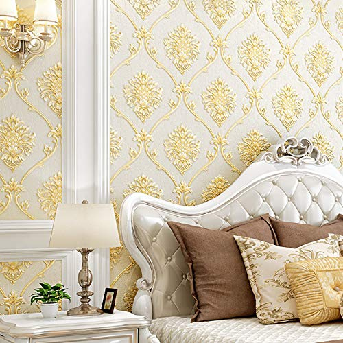 HimYKEA European 3D Flowers Damask PVC Wallpaper for Bedroom Living Room Background Wall Vintage Home Decoration Non-Pasted Wall Paper Roll Beige 1.73' W x 32.8' L