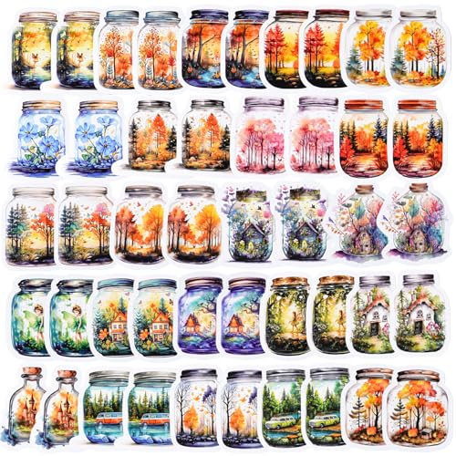 46PCS World in Bottle Stickers, Ins Style Aesthetic Scenery Cute Cartoon Stickers, Vinyl Waterproof PVC Graffiti Decals for Bottles, Guitars, Adults, Children, Teenagers