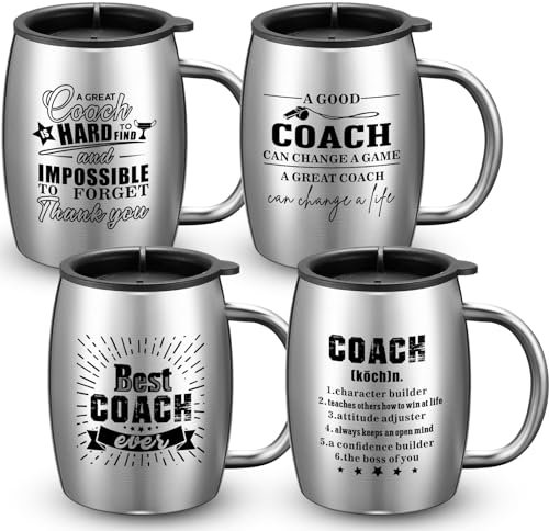 Vesici 4 Pcs Coach Gifts Coach Appreciation Gifts 16 oz Insulated Travel Coach Mug Stainless Steel Coffee Tumbler Double Wall Coach Cup for Soccer Football Basketball Men Women Thank You Gift(Silver)