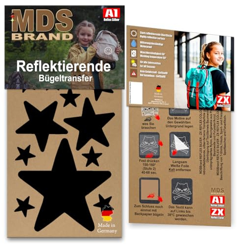 MDS Brand Reflektierende Aufbügler Set - Reflektoren Kinderkleidung - Hohe Sichtbarkeit - Optimierte Haftung für Kleidung oder Schulranzen (B-07, Schwarz)