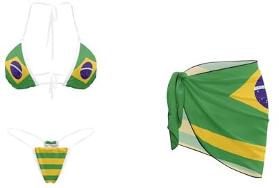 Psaytomey 2 Piece Women's Triangle Tie Side Bikini Sets Swimsuit Cover Ups Beach Skirt Sexy Bathing Suit Clear Straps Bikini, Brazil Flag Stripe, Large