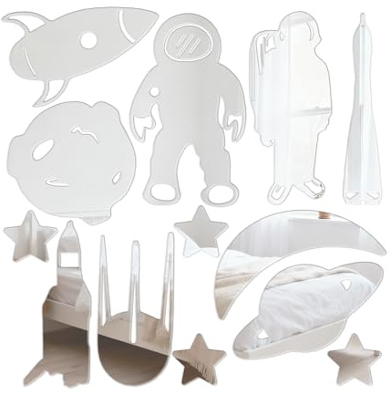 Sicheii 14 x Astronauten-Weltraum-Raketen-Spiegel-Wandaufkleber, Weltraum, Planet, Wandaufkleber, 3D-Acryl, Raumfahrer, Raumfahrer, Vinyl-Wandkunst DIY für Jungen-Mädchenzimmer, Silber