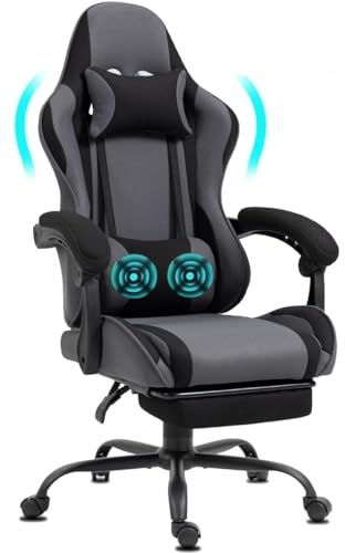 Delman Bürostuhl Gaming Stuhl Stoff Massagefunktion USB Gaming Stuhl Ergonomischer Gamer Stuhl mit Fußstütze Kopfstütze Lendenkissen Drehstuhl 02-0040 (Grau)