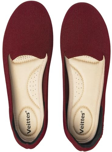 Veittes Women's Wide Width Flats Shoes - Classic Knitted Soft Casual Breathable Slip-on Ballet Shoes.(2205003-3,WR/FK,UK9.5 Wide)