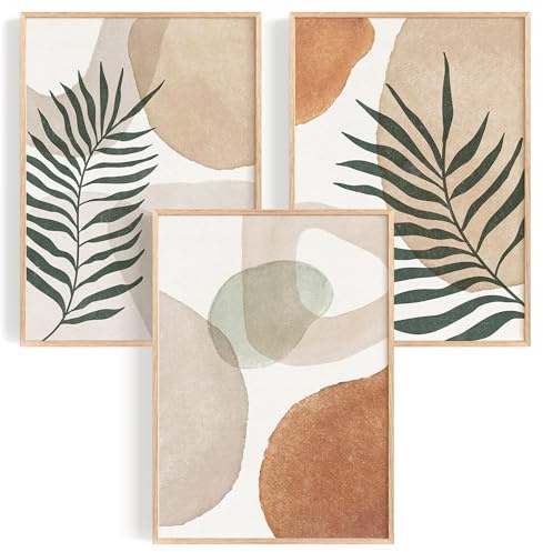 OHBIMBA® Sets Von 3 Poster & Kunstdrucke Mit Rahmen - Zimmer Deko Und Wanddeko Wohnzimmer - Bilder Schlafzimmer - Abstrakt Boho - 50x70 cm - Mit Rahmen Holz