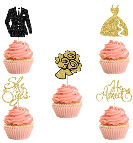 Cupcake-Topper für Hochzeit, Verlobung, Antrag, Party, goldfarbener Glitzer, He Asked She Said Yes (20 Stück)