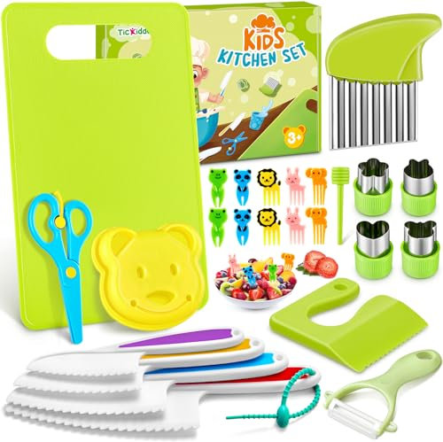 TicKiddos Toddler Knife Set, 25 Pcs Kids Knife Set for Chopping,Toddler Safe Plastic Knife/Serrated Edges/Cutting Board/Fruit Cutters/Sandwich Cutter Kids Kitchen Set for Real Cooking