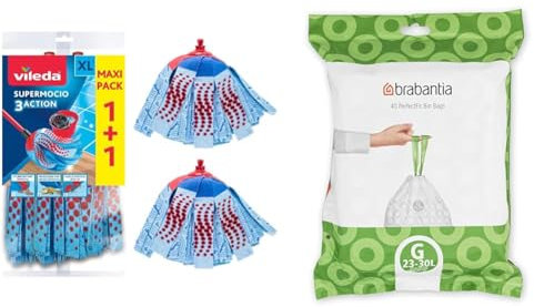Vileda SuperMocio 3Action XL Mop Refill, Pack of 2 SuperMocio 3 Action Mop Head Replacements & Brabantia PerfectFit Bin Liners (Size G/23-30 Litre) Thick Plastic Trash Bags