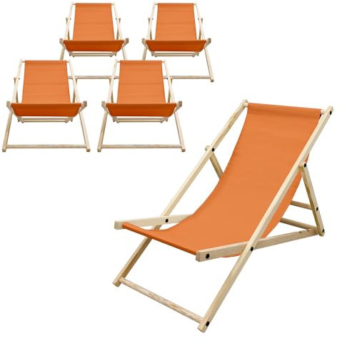 ECD Germany 5er Set Liegestuhl klappbar Orange aus Holz, verstellbare Rückenlehne, 3 Positionen, bis 120kg, Sonnenliege Gartenliege Strandliege Strandstuhl Holzklappstuhl, für Garten, Balkon & Strand