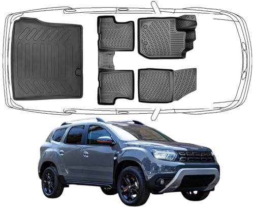 Trimak Passgenau 3D Fussmatten & Kofferraumwanne Auto Set Kompatibel mit Dacia Duster 4x2 für *Prestige Paket* 2018-2022 Allwetter Gummimatten Kofferraumwanne Geruchlos rutschfest