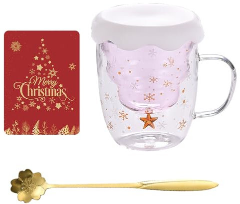 JOAASU Tazze da caffè con albero di Natale, 300 ML Tazza da Caffè Natalizia, Tazza Vetro Doppia Parete, Tazza di Vetro Albero di Natale, con Manico e Cucchiai, Tazze Natalizie, Regali di Natale (Rosa)