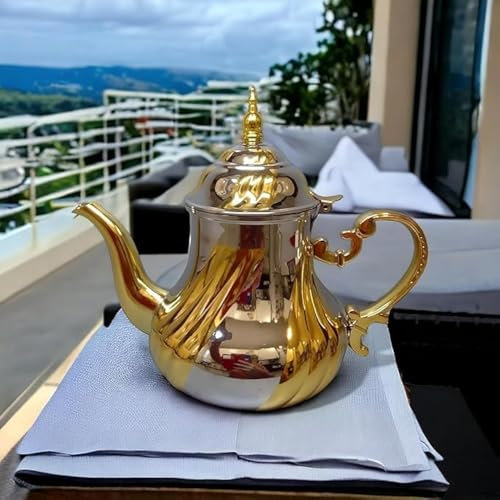 Théière à thé marocaine en acier inoxydable décorée avec filtre intégré et poignée authentique traditionnelle, modèle gravé avec design classique arabe, 1200 ml