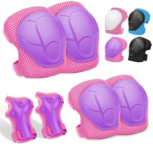 Knieschoner Kinder, Schoner Schützer Inliner Kinder, Verstellbare Knieschützer Handgelenkschützern Ellenbogenschoner, 6 in 1 für Skateboard, Inlineskates, Hoverboard, Fahrrad (Rosa/Violett)