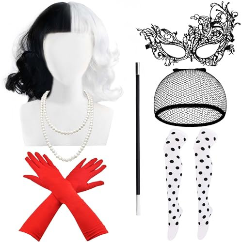 Cheloveer Cruella Devil Kostüm Damen, 7PCS Cruella Kostüm Damen, Cruella Perücke Handschuhe Halskette Spitze Maske Perückenmütze Halterung und socken. Cruella Kostüm Für karneval Kostüm Damen Cruella