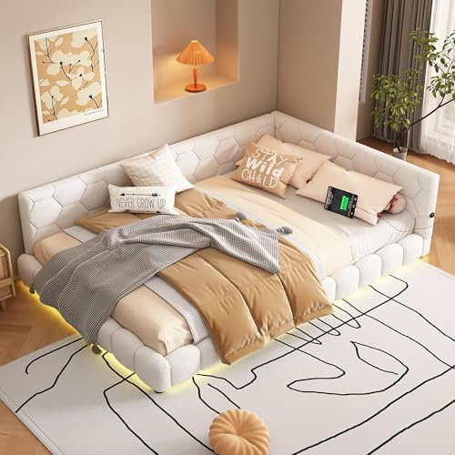 Gegtuon Polsterbett Bett 140x200 mit USB-LED-Licht, Schlafsofa Sofabett mit Bettgestell, Doppelbett Tagesbett Bettrahmen mit Lattenrost, Wohnzimmer Schlafzimmer Möbel, ohne Matratze, Vliesimitat, Weiß