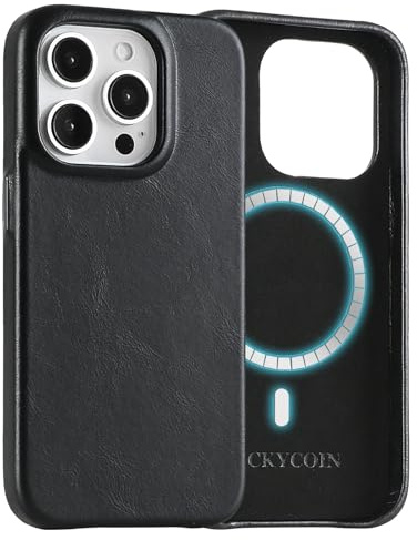 LUCKYCOIN Premium Genuine Leather Case for iPhone 15 Pro, Compatible with MagSafe, Slim Fit Shockproof Phone Case with Metal Buttons, Anti-Slip, Wireless Charging Compatible, Black