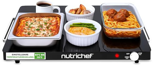 NutriChef Piastra Elettrica, Scalda Cibo Elettrico Portatile, per Tortillas, Buffet, Ristorante, Festa, Cena, Casa e Cucina, Vetro, 60–110 °C, 54 × 42 cm, Nero