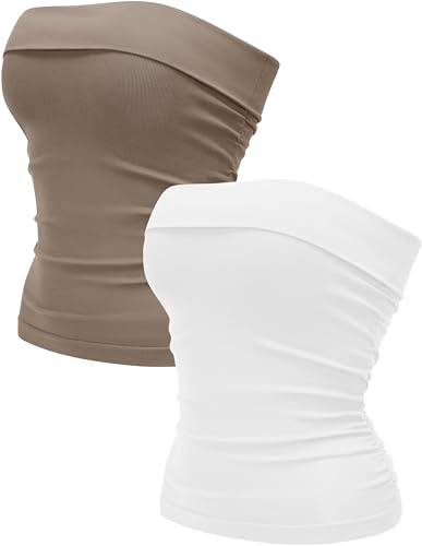 OLCHEE Womens Tube Tops Seamless Ribbed Strapless Summer, White Khaki M