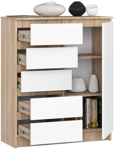 BDW - Kommode mit 5 Schubladen und 1 Tür - 80 cm breit, 97 cm hoch - Schrank, Sideboard, Mehrzweck-, Schuhschrank, Schubladenkommode, Aktenschrank - Wohn-, Schlafzimmer, Flur (Eiche-Sonoma/Weiß)