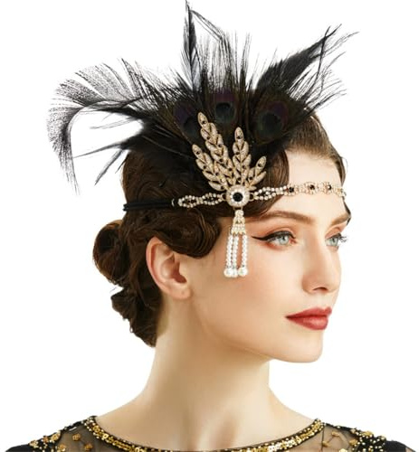 HIQIU Damen Kunst-Federn Stirnband Strass Flapper Kopfschmuck 1920er Jahre Stil Flapper Haarband Frauen Abschlussball Kostüm Accessoires