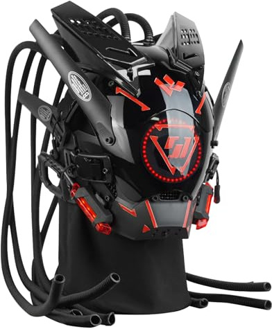 Marikito Punk Maske mit LED und Flammenzopf Design, Verstellbare Leuchtmaske, Techwear Maske für Punk Cosplay, DJ, Halloween, Coole Masken für Damen und Herren (Rot)