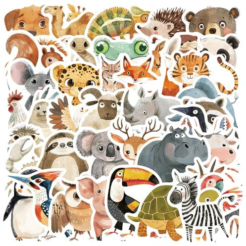 50 Stück Sticker Tiere,Unikate Lllustration Tiere Stickers Kinder Set,Süße Kinder Tier Sticker,Universal Tier Wasserdichte Vinyl Aufkleber,für Laptop,Wasserflasche,Skateboard,Auto & Mehr