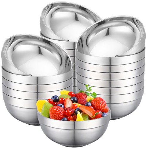 Offiper Lot de 20 bols en acier inoxydable en vrac, 610 ml, taille moyenne, SUS304, à double paroi, isothermes, empilables, en métal pour restaurant, salade, crème glacée, soupe, riz