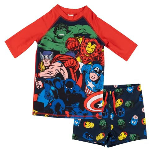 United Labels Marvel Avengers Badeanzug zweiteilig UV Schutz 30 für Jungen, Blau Rot, 122/128, Bademode Kinder mit Shirt und Badehose, Badebekleidung