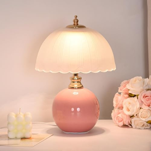 Mengjay Lampe de Table Élégant Rustique Lampes à poser avec Céramique Déco Abat-Jour en Verre Lampe de chevet Luminaires pour Tête de Lit Chambre Salon Bureau Salon Table de Chevet (Rose)