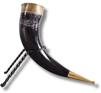 Viking Drinking Horn con supporto, tazza in vero corno di bue lucido, boccale medievale da 30,5 a 35,5 cm, bicchiere da birra norvegese per idromele, birra e vino, recipiente artigianale