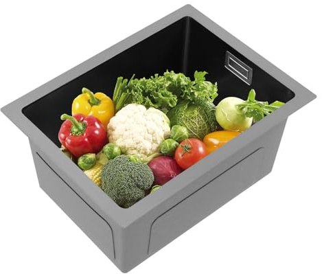 Fregadero de cocina pequeño de 40 x 30 cm, de acero inoxidable con desagüe empotrable, filtro de desagüe y rebosadero, fregadero de cocina rectangular, 1 cuenco, cepillado para cocina, garaje (negro)