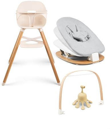Ziza Baby Hochstuhl Set Pearl - Kippsicherer & ergonomischer Kinderstuhl mit aufsetzbarer Babywippe, Hochwertiges Babyset mit Spielbogen & Spielzeug