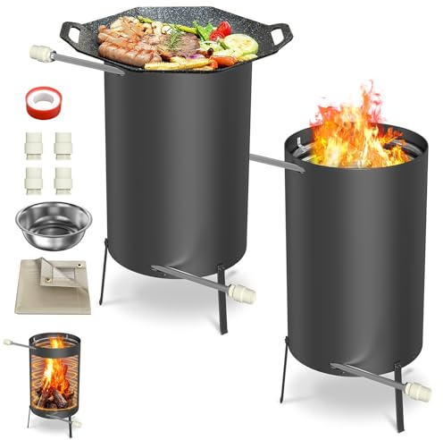LZQ Poolheizungen mit Feuer und Heizspirale,Outdoor Poolofen, Edelstahl Schwimmbadheizung mit Ø32/38mm Anschlüsse Brennholz Pool Heizung 28L Feuertonne Holz, Schwarz, 2 Stück