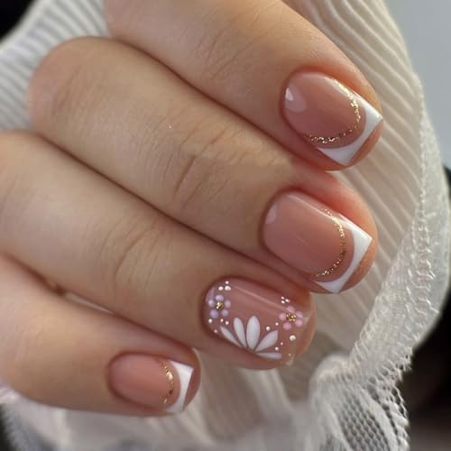 Zosutetoxo Falsenails, Elegant Short Square Press-On Nails with Flower Design, French Nude White with Gold Line