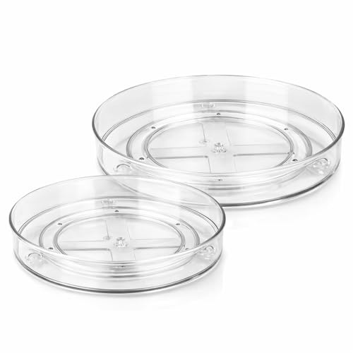 Drehteller Organizer 2er Set für Kühlschrank, 360° drehbar, 23,5 und 27 cm | Für Familienhaushalte, transparenter Kunststoff, erhöhter Rand, Küche und Bad, Gewürze, Soßen, Kosmetik und Pflegeprodukte