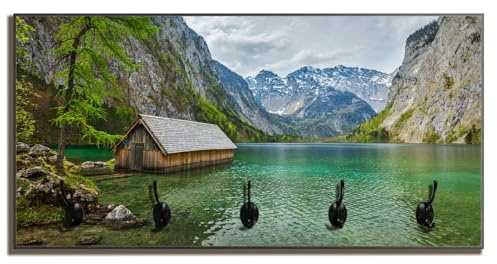Wallario Wandgarderobe aus Holz in Größe 80 x 40 cm in Premium-Qualität, Motiv: Berghütte an See | 5 Kleiderhaken zum Aufhängen