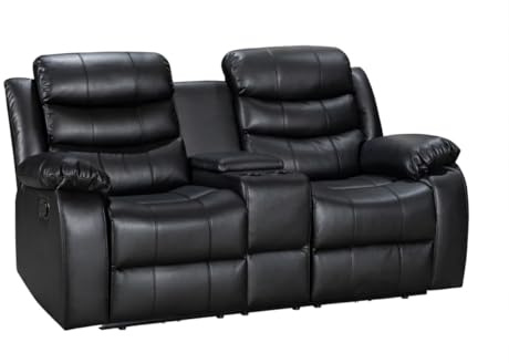 Canapé inclinable 2 places en cuir noir avec porte-gobelet - Canapé de relaxation moderne avec sièges inclinables et confort rembourré - 185 x 90 x 90 cm - Idéal pour salon et home cinéma