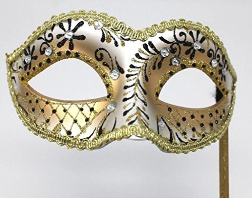 LADIES SPARKLING BLACK AND GOLD VENETIAN MASQUERADE CARNIVAL PARTY EYE HAND HELD MASK ON A STICK WITH DIAMONTES