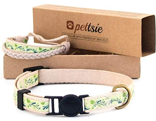 Pettsie Katzenhalsband und Freundschaftsarmband Set, Sicheres Design mit Weicher Baumwolle, D-Ring für Zubehör, Einfach Einstellbare Größe 19-29 cm, Grün